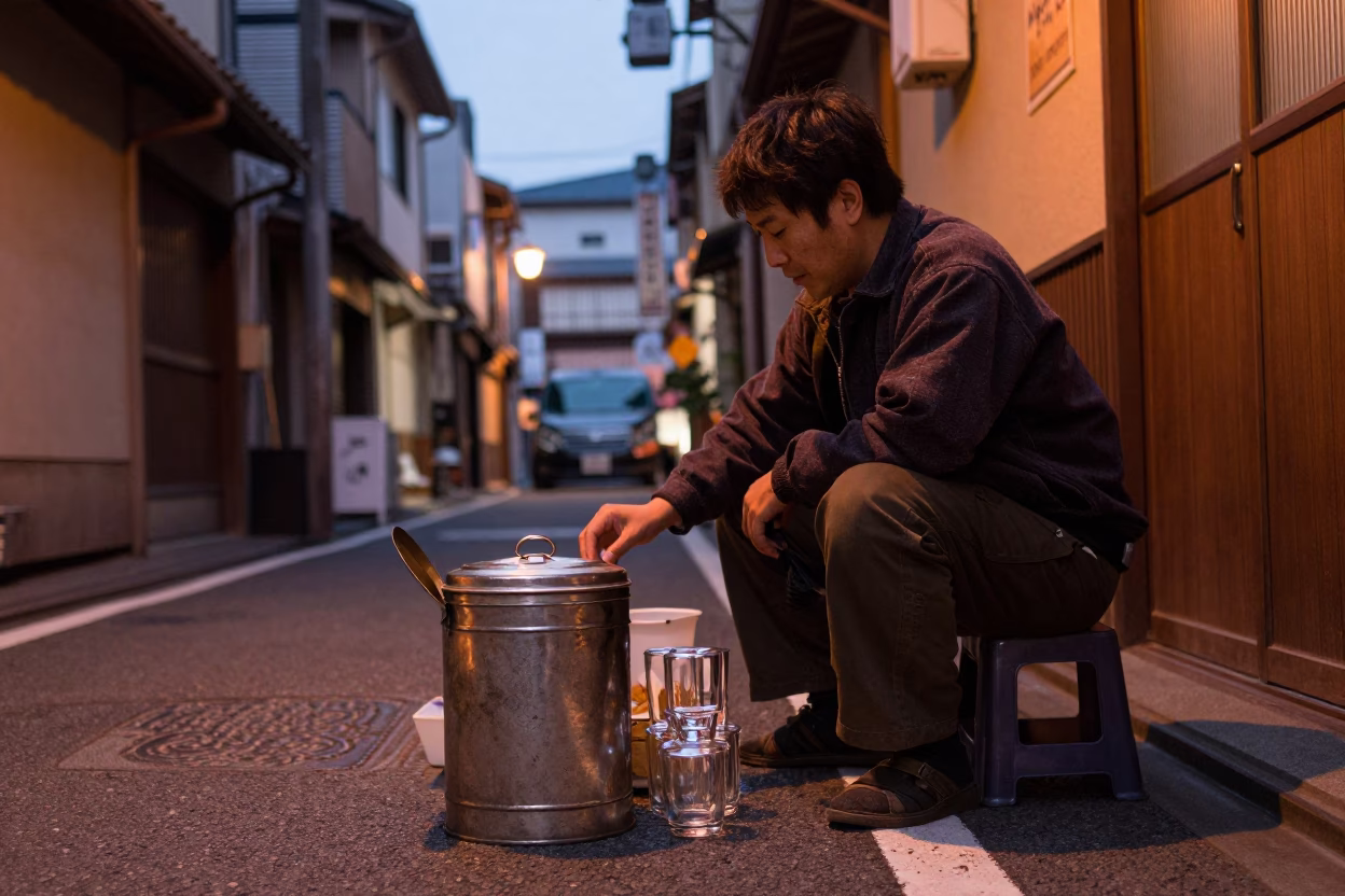 Osaka Japan Dusk Street Scene with Tiffin Tin and Glass Tumblers in in Osaka, Japan