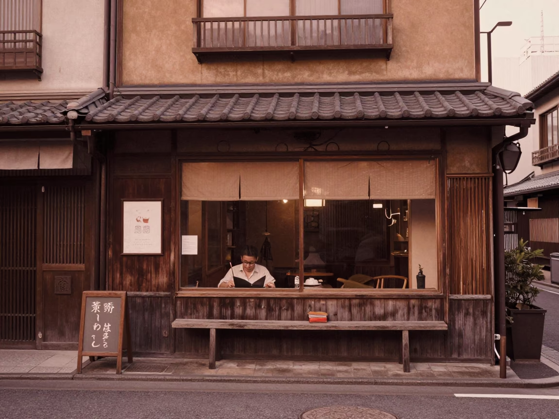 Osaka Japan Dusk Street Scene with Traditional Cafe Window and Urban Architecture in in Osaka, Japan