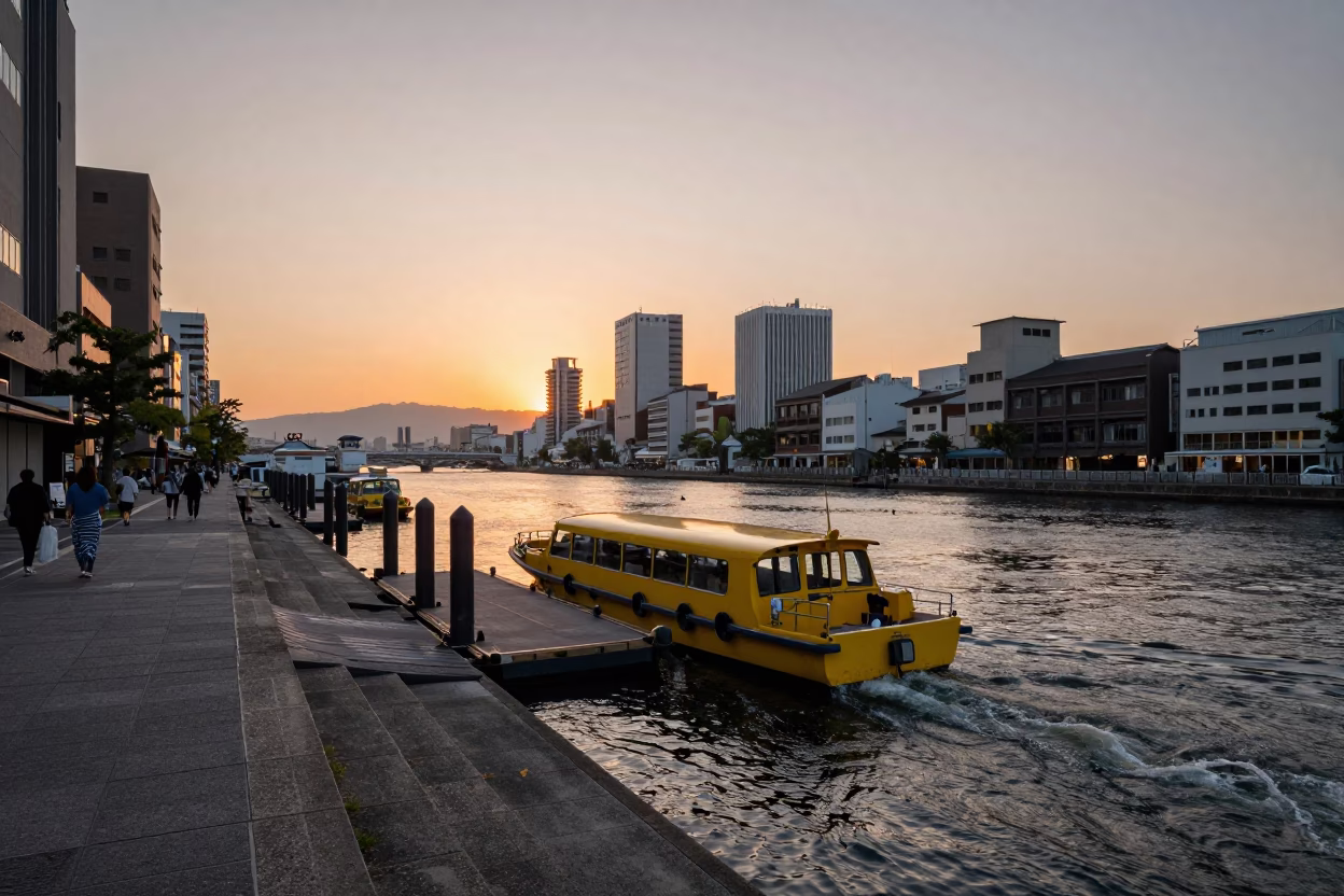 Osaka Japan Dusk Street Scene with Water Taxi Dock and Raincoats in in Osaka, Japan