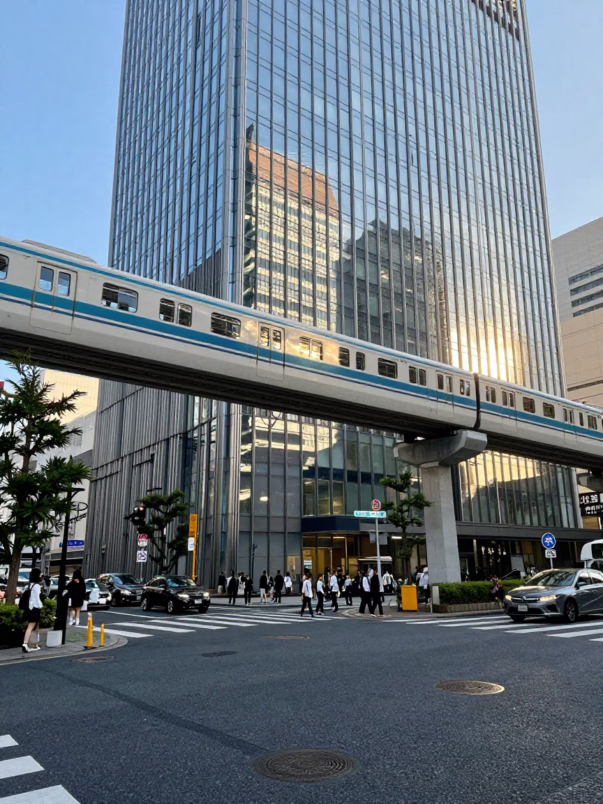Osaka Japan Early Afternoon Street Scene with Monorail Reflection and Urban Activity in in Osaka, Japan