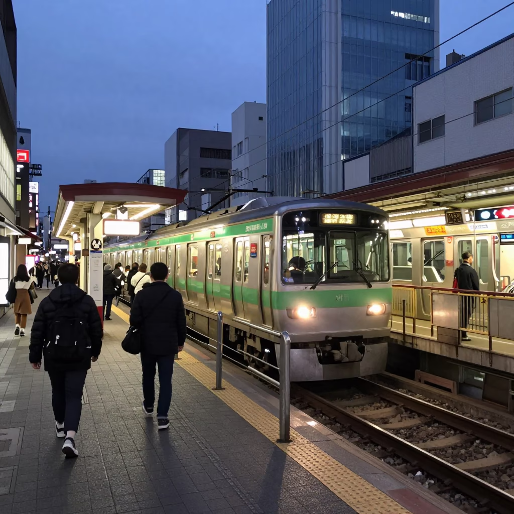 Osaka Japan Early Evening Street Scene with Metro Train and Local Life in in Osaka, Japan