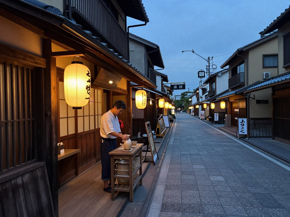 Osaka Japan Early Evening Street Scene with Sake Brewer and Traditional Elements in in Osaka, Japan