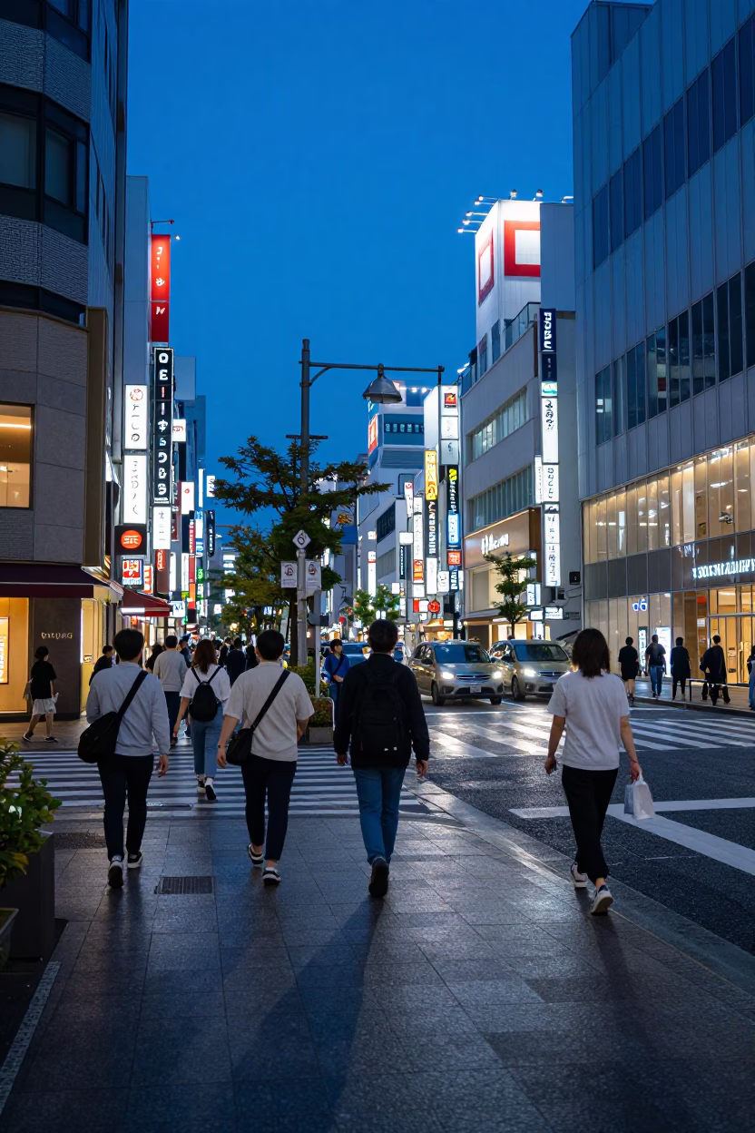 Osaka Japan evening blue hour street scene with pedestrians and city lights in in Osaka, Japan