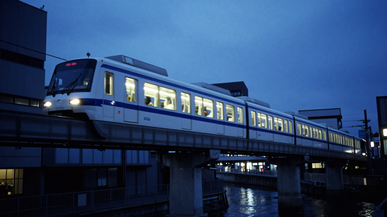 Osaka Japan Evening Monorail Sweep Above River Blue Hour Street Life in in Osaka, Japan