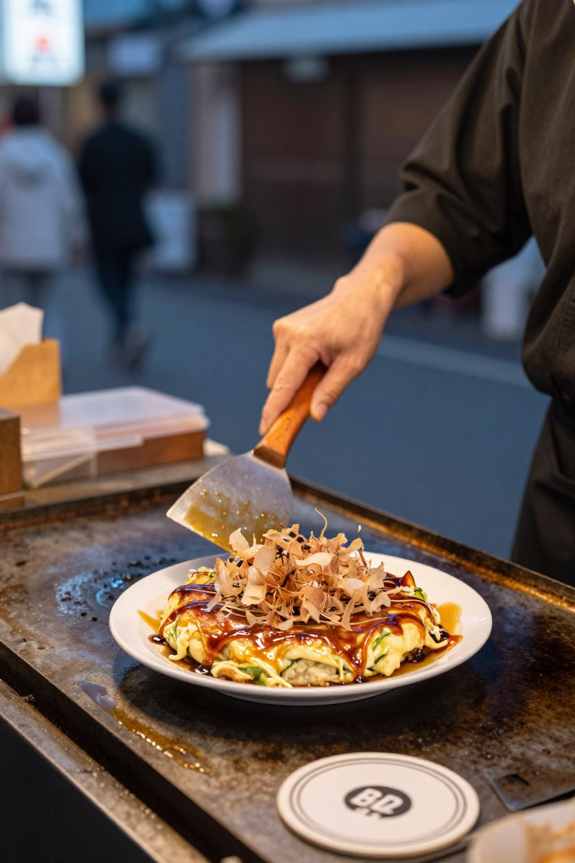 Osaka Japan Evening Okonomiyaki Plate with Bonito Flakes and Coaster in in Osaka, Japan