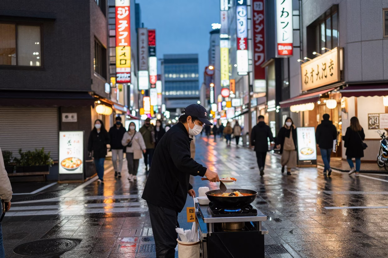 Osaka Japan Evening Street Scene with Bibim Guksu and Local Dining Culture in in Osaka, Japan