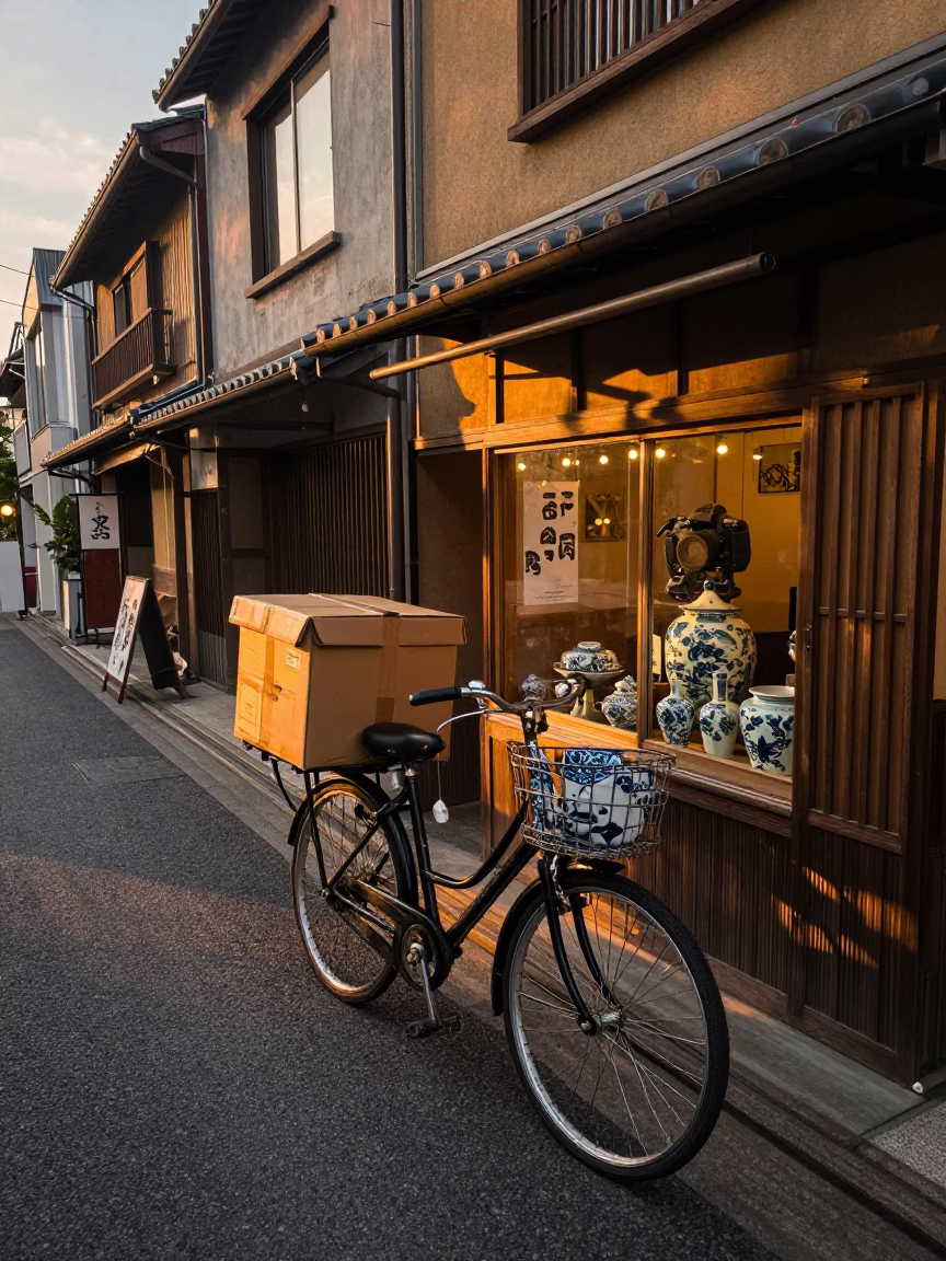 Osaka Japan Evening Street Scene with Bicycle and Traditional Porcelain in in Osaka, Japan