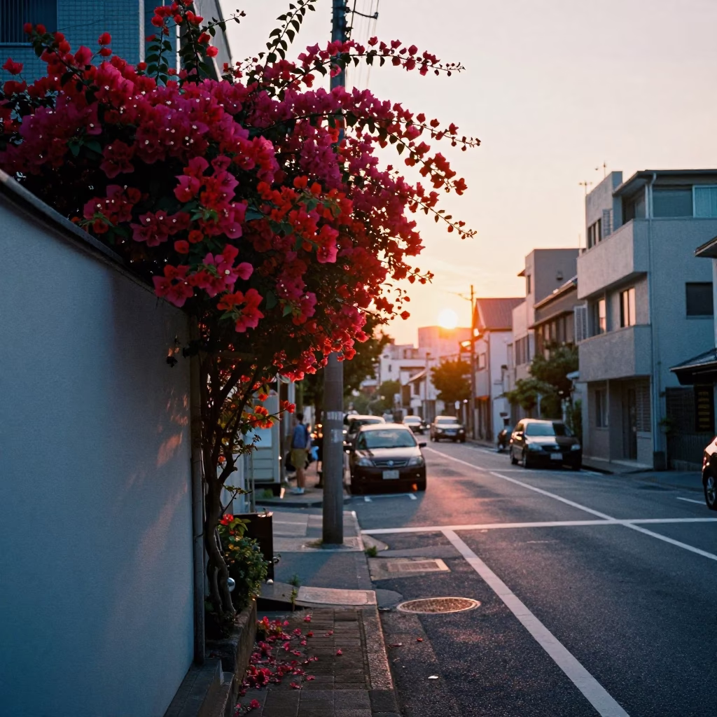 Osaka Japan Evening Street Scene with Bougainvillea and Urban Architecture at Sunset in in Osaka, Japan