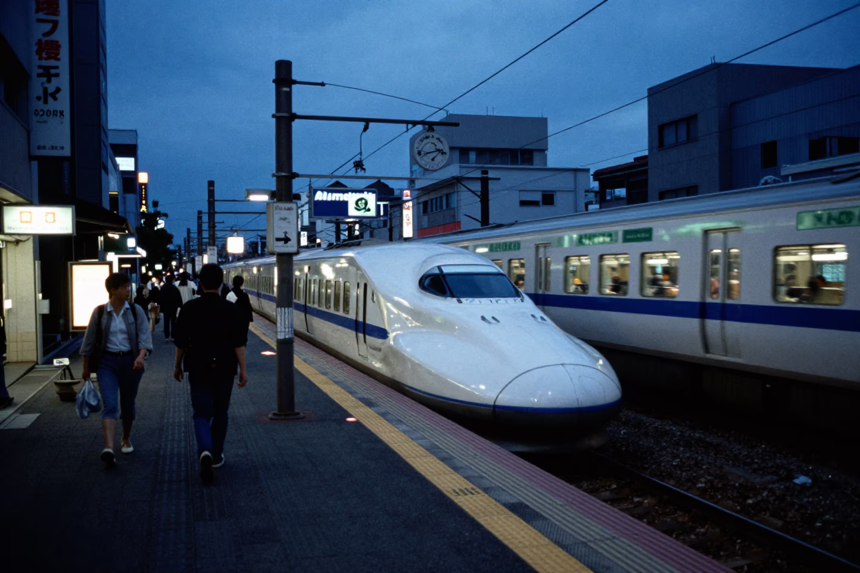 Osaka Japan Evening Street Scene with Bullet Train Blurring Past Suburban Platform in in Osaka, Japan
