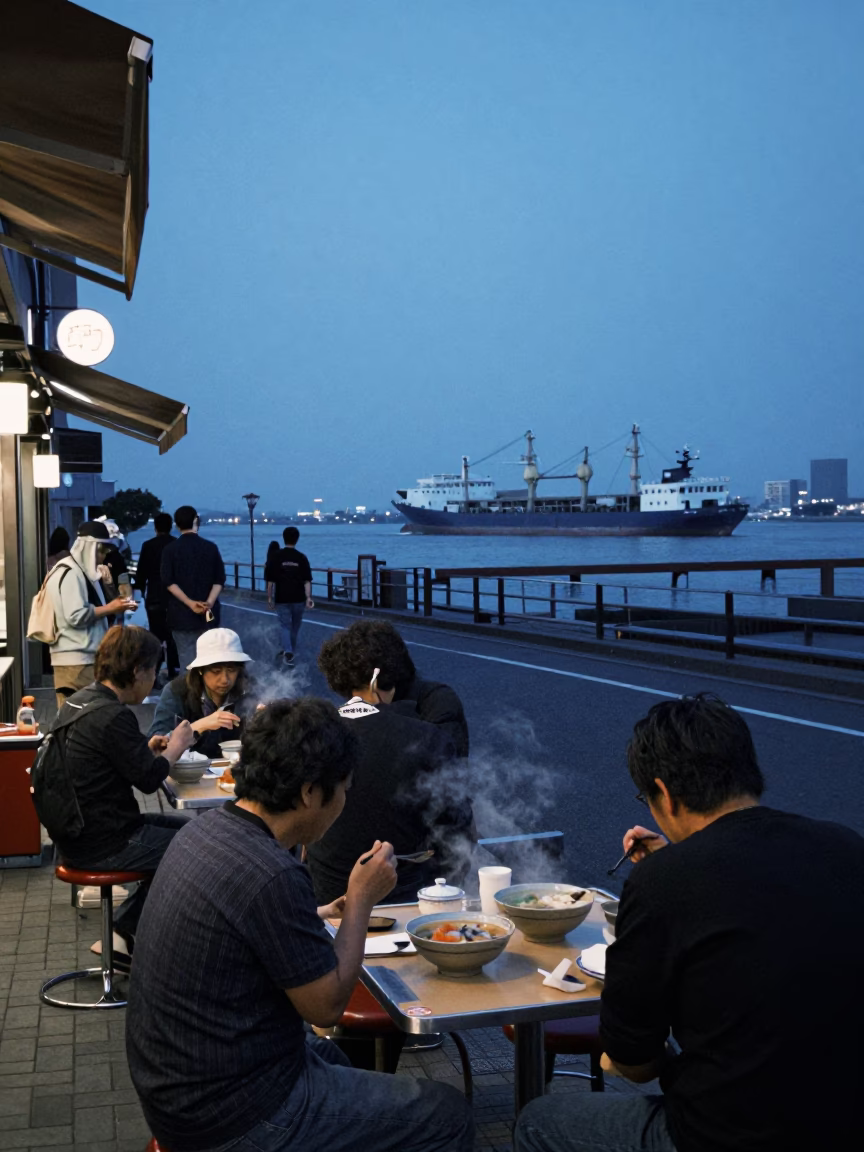 Osaka Japan Evening Street Scene with Cargo Ship Horizon and Local Dining in in Osaka, Japan