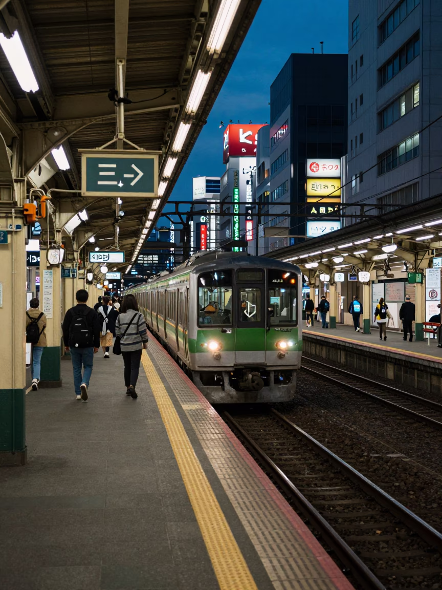 Osaka Japan Evening Street Scene with Commuter Train and Urban Life in in Osaka, Japan