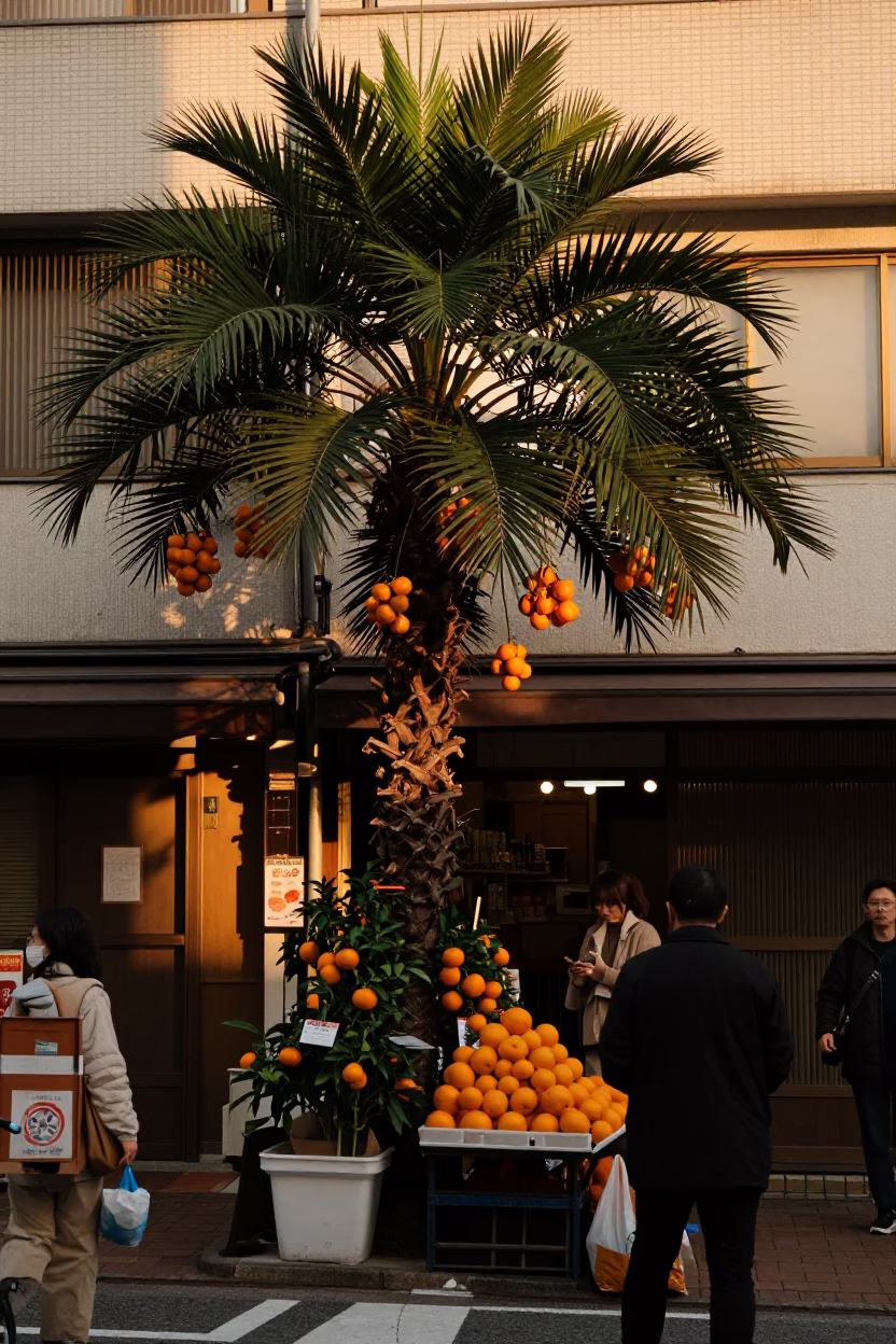 Osaka Japan Evening Street Scene with Date Palm and Oranges in in Osaka, Japan