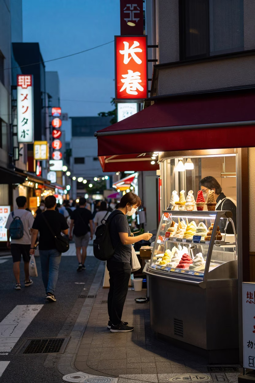 Osaka Japan Evening Street Scene with Gelato Display and Neon Glow in in Osaka, Japan