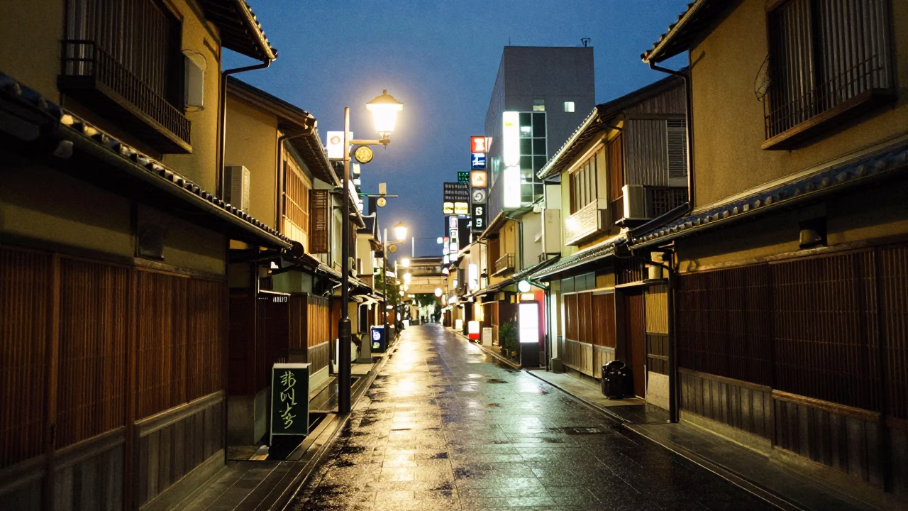 Osaka Japan evening street scene with glowing city lights and traditional architecture in in Osaka, Japan