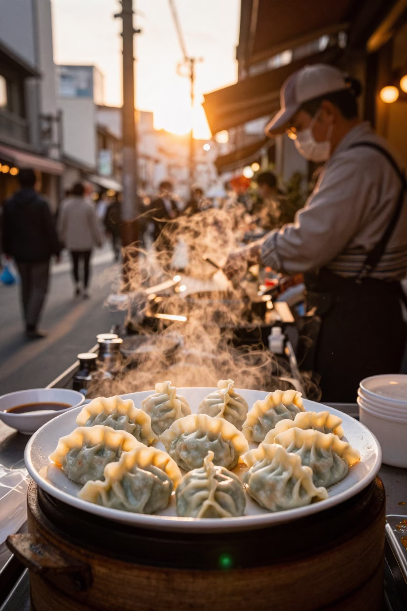 Osaka Japan Evening Street Scene with Mandu Dumplings and Dipping Sauce in in Osaka, Japan