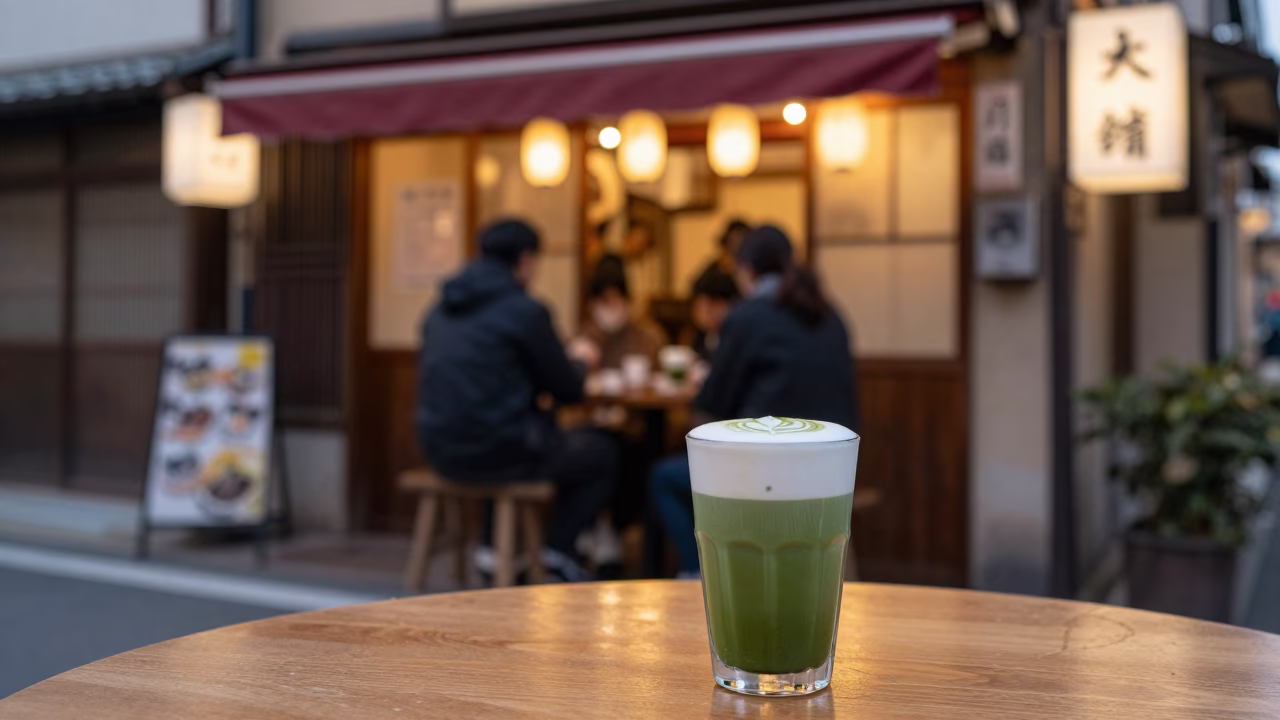 Osaka Japan Evening Street Scene with Matcha Latte and Local Dining Culture in in Osaka, Japan