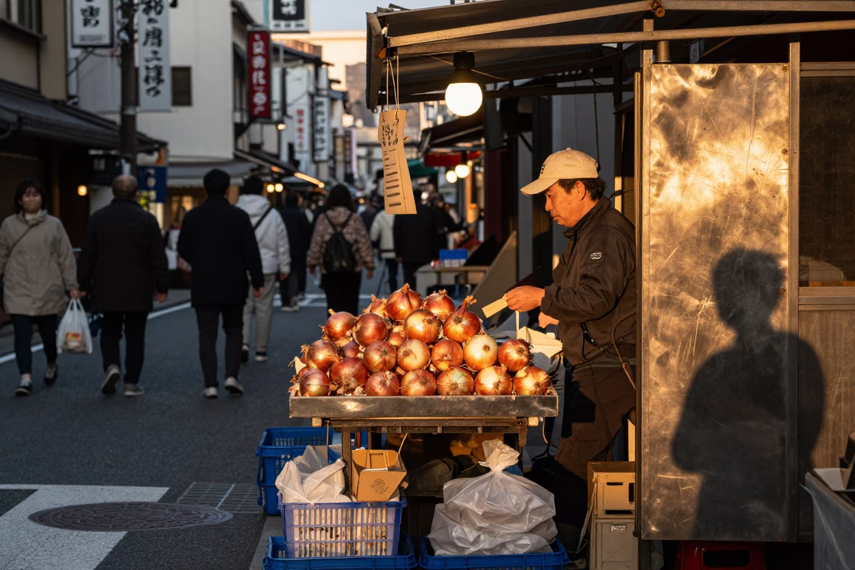 Osaka Japan Evening Street Scene with Onions and Brushed Steel Details in in Osaka, Japan