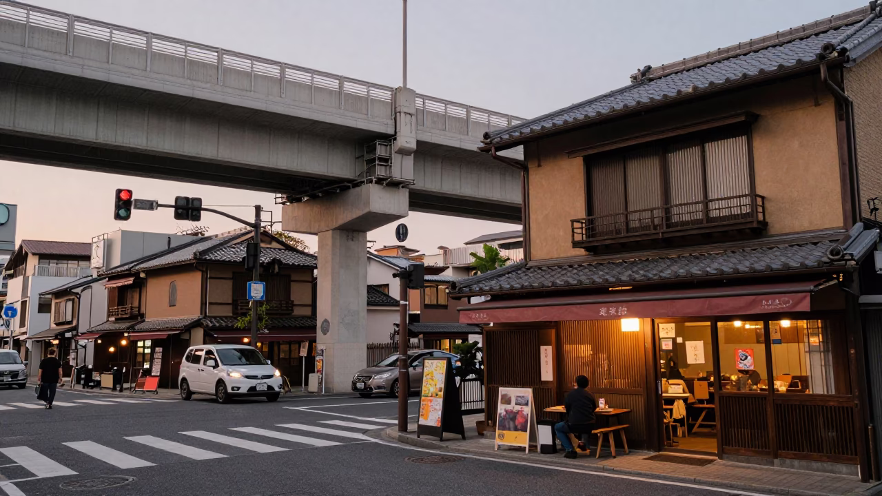 Osaka Japan Evening Street Scene with Overpass Interchange and Traditional Dining Elements in in Osaka, Japan