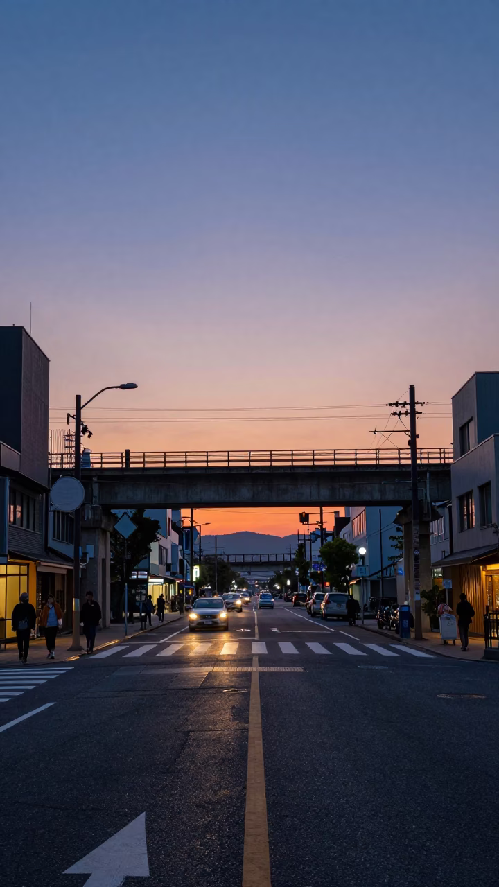 Osaka Japan Evening Street Scene with Railway Viaduct and Dusk Skyline in in Osaka, Japan