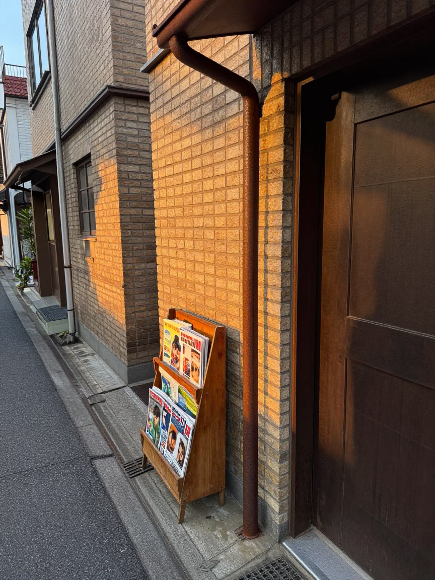 Osaka Japan Evening Street Scene with Rusty Hinge and Magazine Rack in in Osaka, Japan