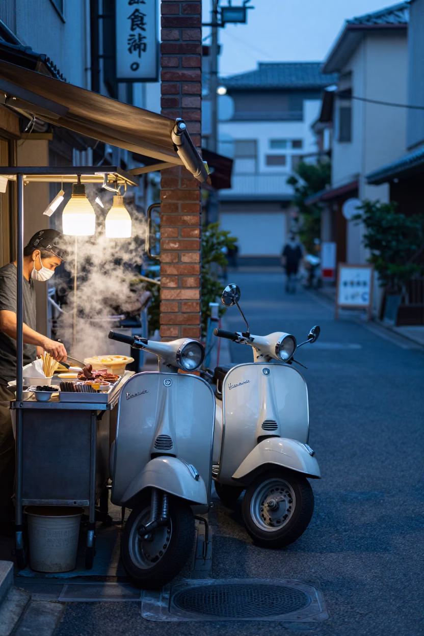 Osaka Japan Evening Street Scene with Scooter and Local Food Culture in Blue Hour in in Osaka, Japan