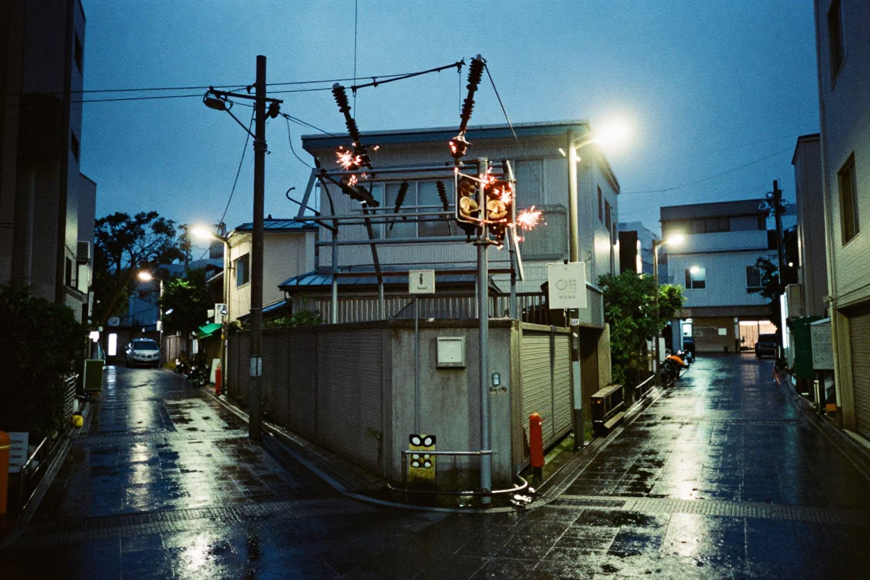 Osaka Japan Evening Street Scene with Substation Insulators Sparkling Under Floodlights in in Osaka, Japan