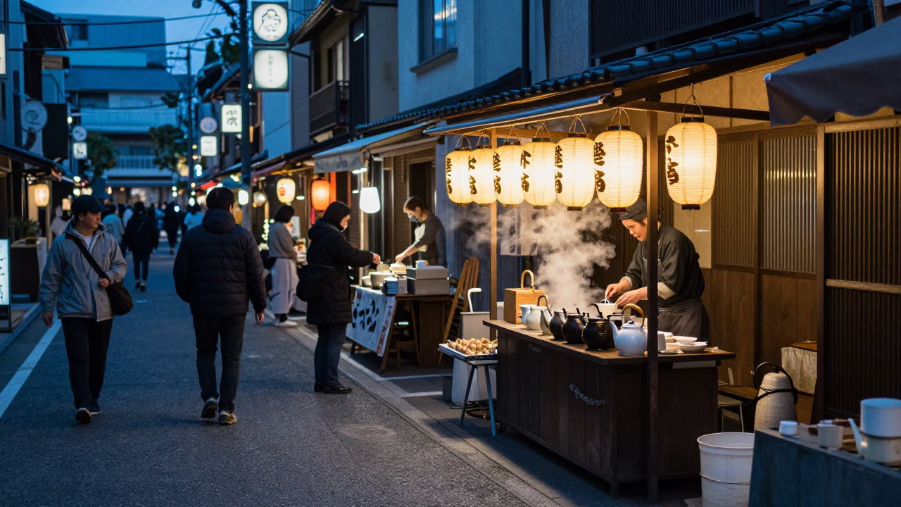 Osaka Japan Evening Street Scene with Tea Kettles and Lantern Festival Sky Lanterns in in Osaka, Japan