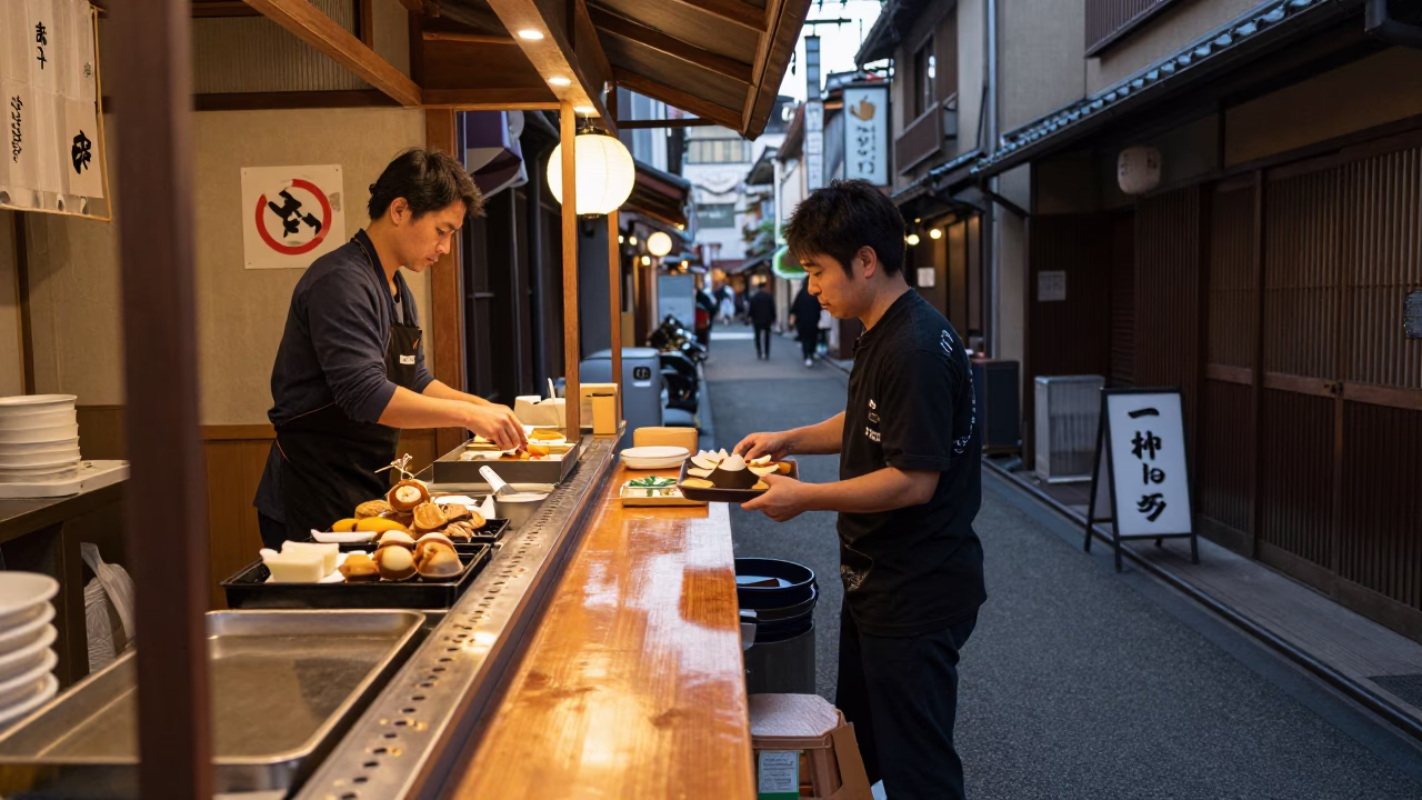 Osaka Japan Evening Street Scene with Traditional Food and Urban Details in in Osaka, Japan