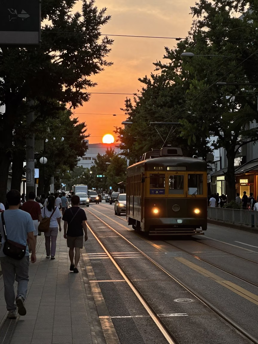 Osaka Japan Evening Street Scene with Tramcar and Pedestrians at Sunset in in Osaka, Japan