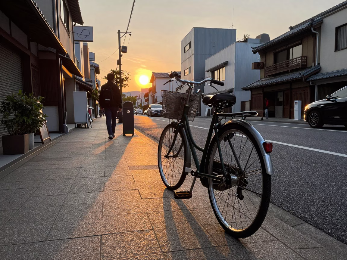 Osaka Japan Evening Street Scene with Vintage Bicycle and Local Shopfronts at Sunset in in Osaka, Japan
