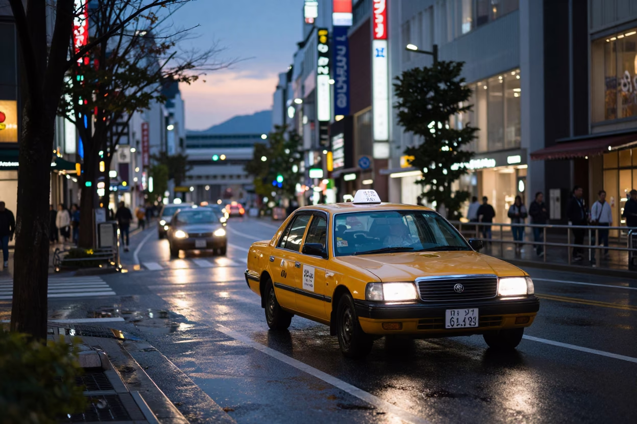 Osaka Japan Evening Street Scene with Yellow Taxi and Neon Lights in in Osaka, Japan