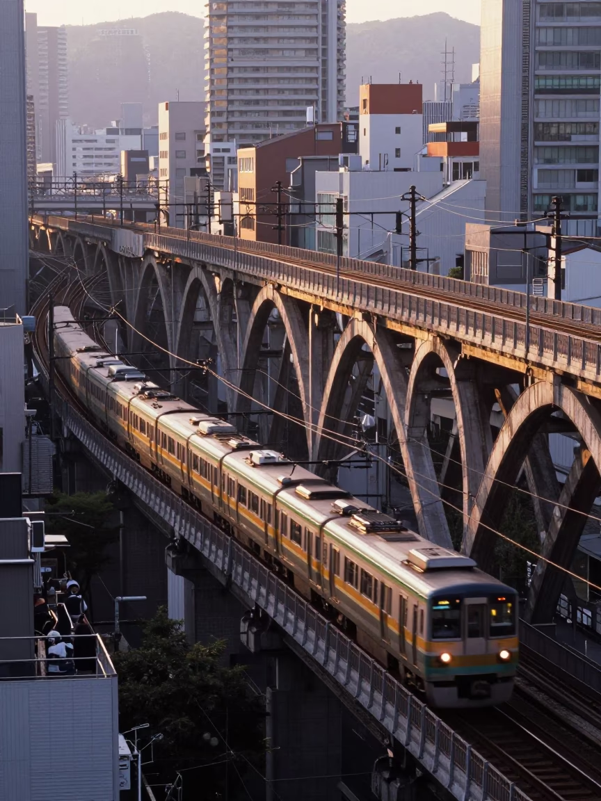 Osaka Japan First Light Railway Viaduct Arches Passing Train Urban Street Scene in in Osaka, Japan