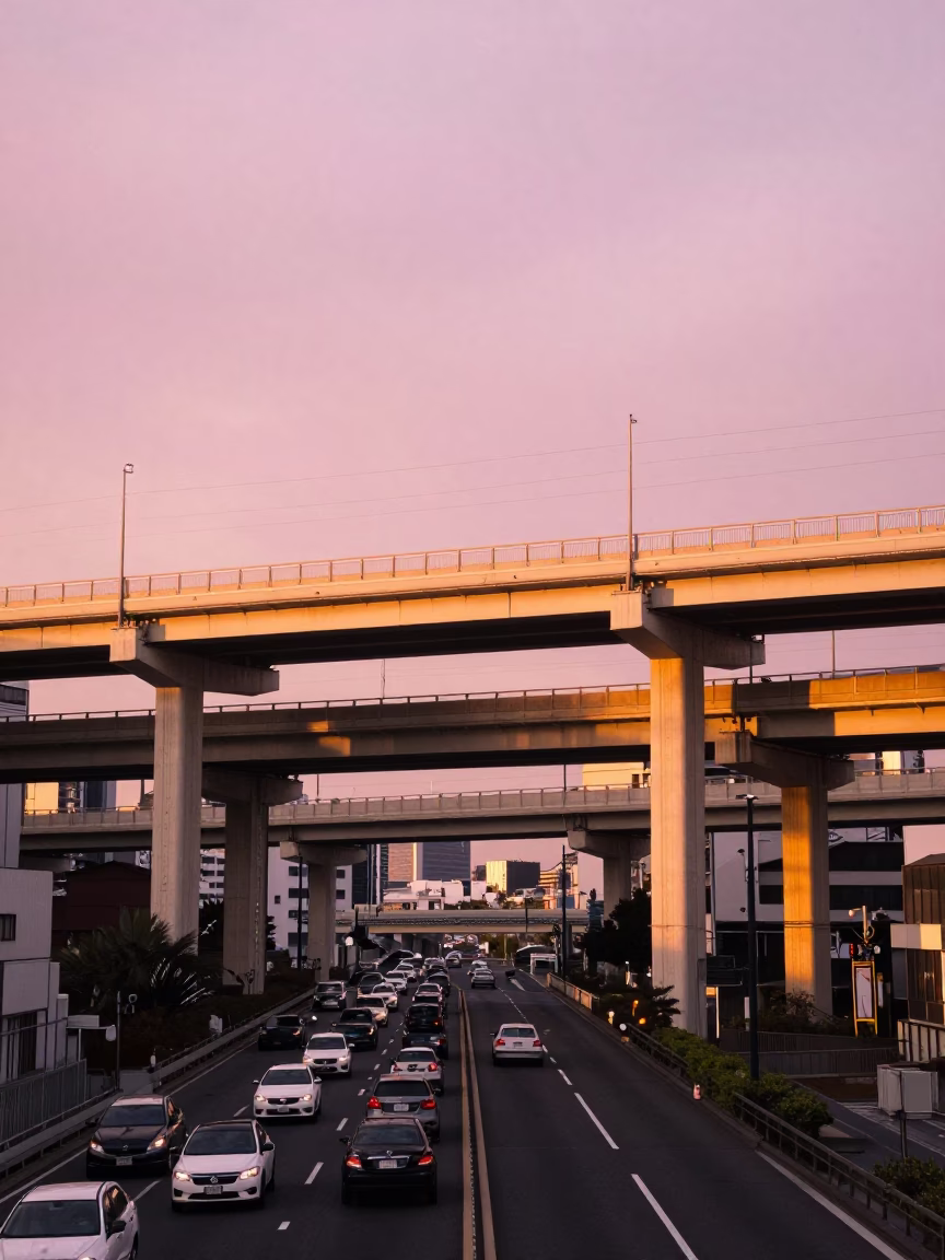 Osaka Japan Golden Hour Highway Flyover Stack Against Pink Evening Sky in in Osaka, Japan