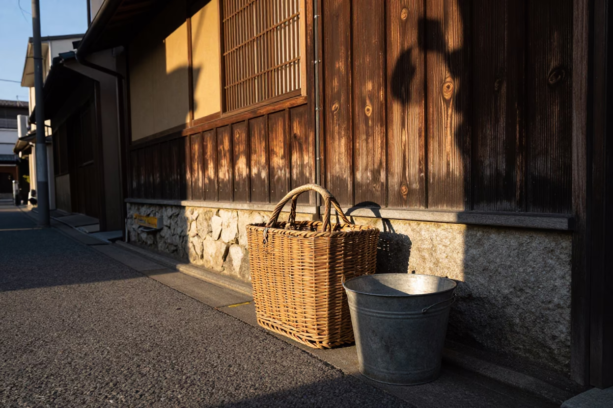Osaka Japan Golden Hour Street Photography with Wicker Shadow and Metal Bucket in in Osaka, Japan