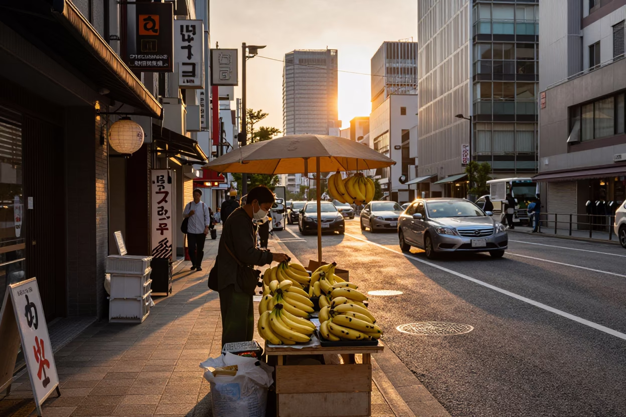 Osaka Japan Golden Hour Street Scene with Banana Stall and Local Life in in Osaka, Japan