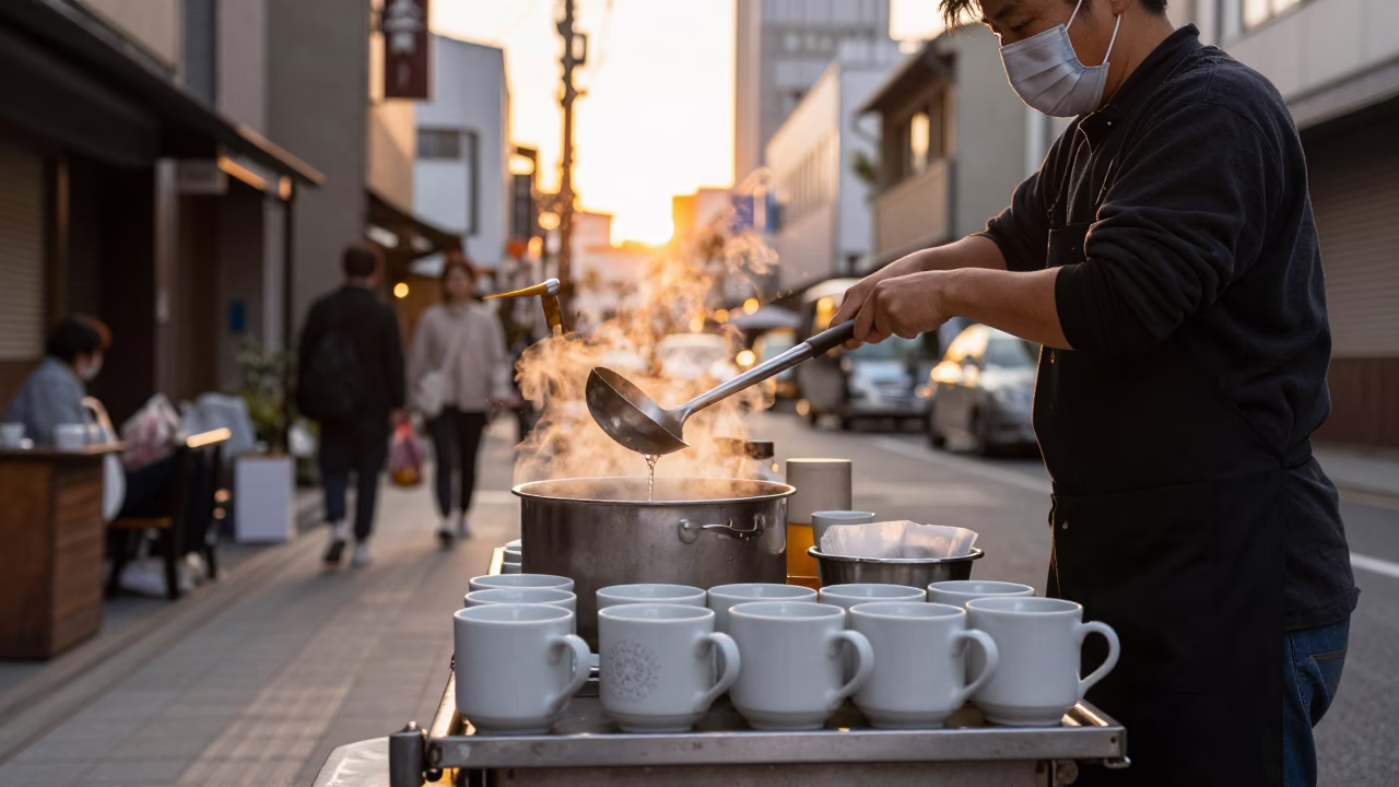 Osaka Japan Golden Hour Street Scene with Ladle and Ceramic Mugs in in Osaka, Japan
