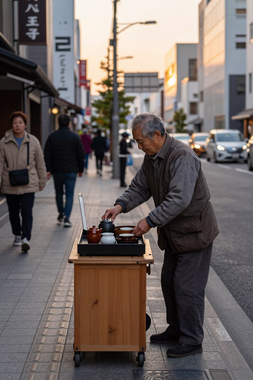 Osaka Japan Golden Hour Street Scene with Tea Tray and Thermometer in in Osaka, Japan