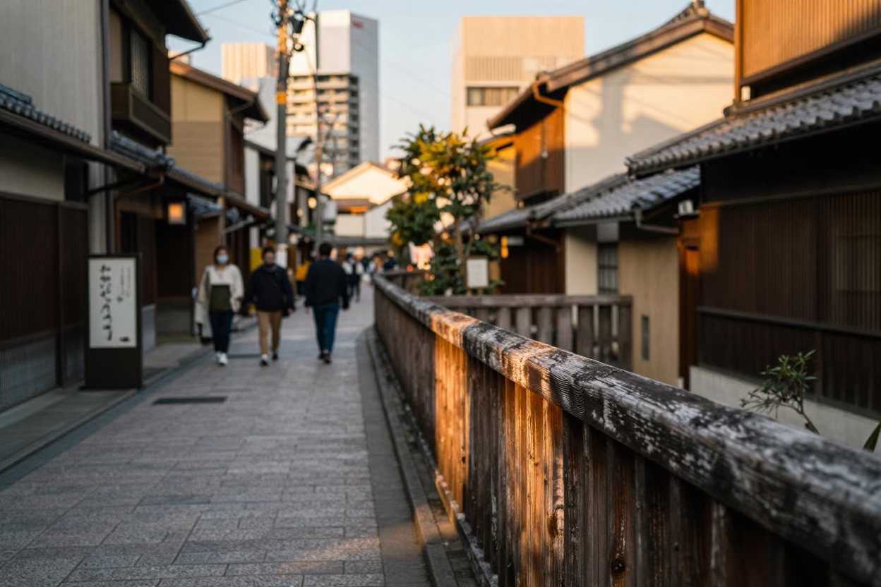 Osaka Japan Golden Hour Street Scene with Traditional Elements and Urban Life in in Osaka, Japan