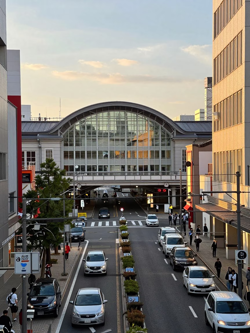 Osaka Japan Golden Hour Street Scene with Train Station and Construction in in Osaka, Japan