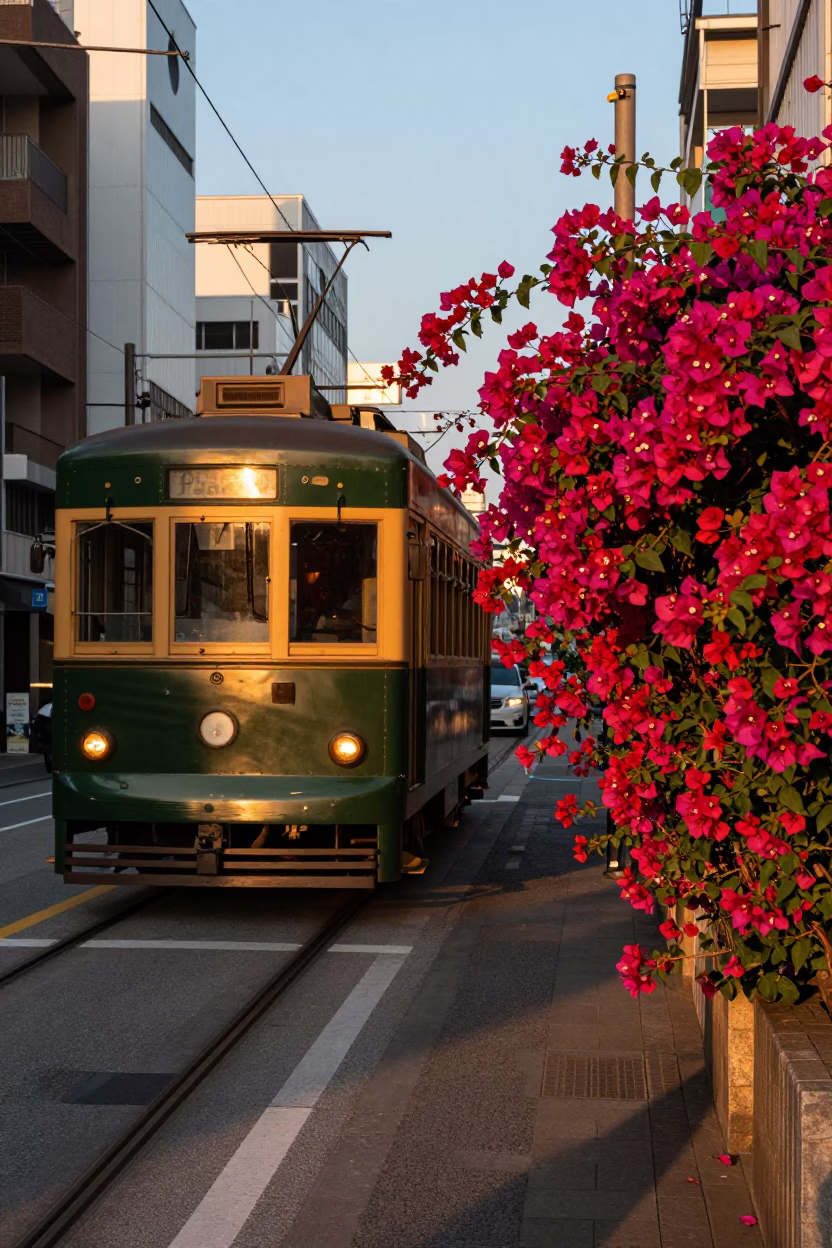Osaka Japan Golden Hour Street Scene with Tram Reflection and Bougainvillea in in Osaka, Japan