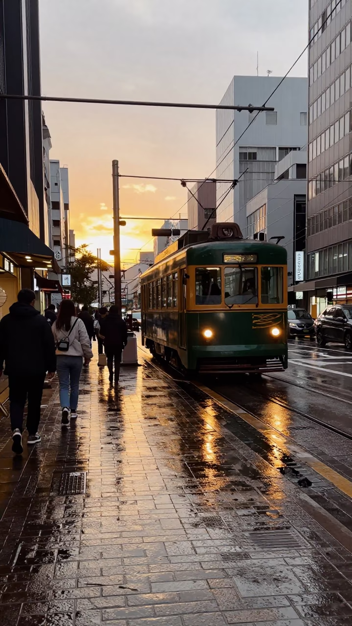 Osaka Japan Golden Hour Street Scene with Tram Reflection and Urban Life in in Osaka, Japan