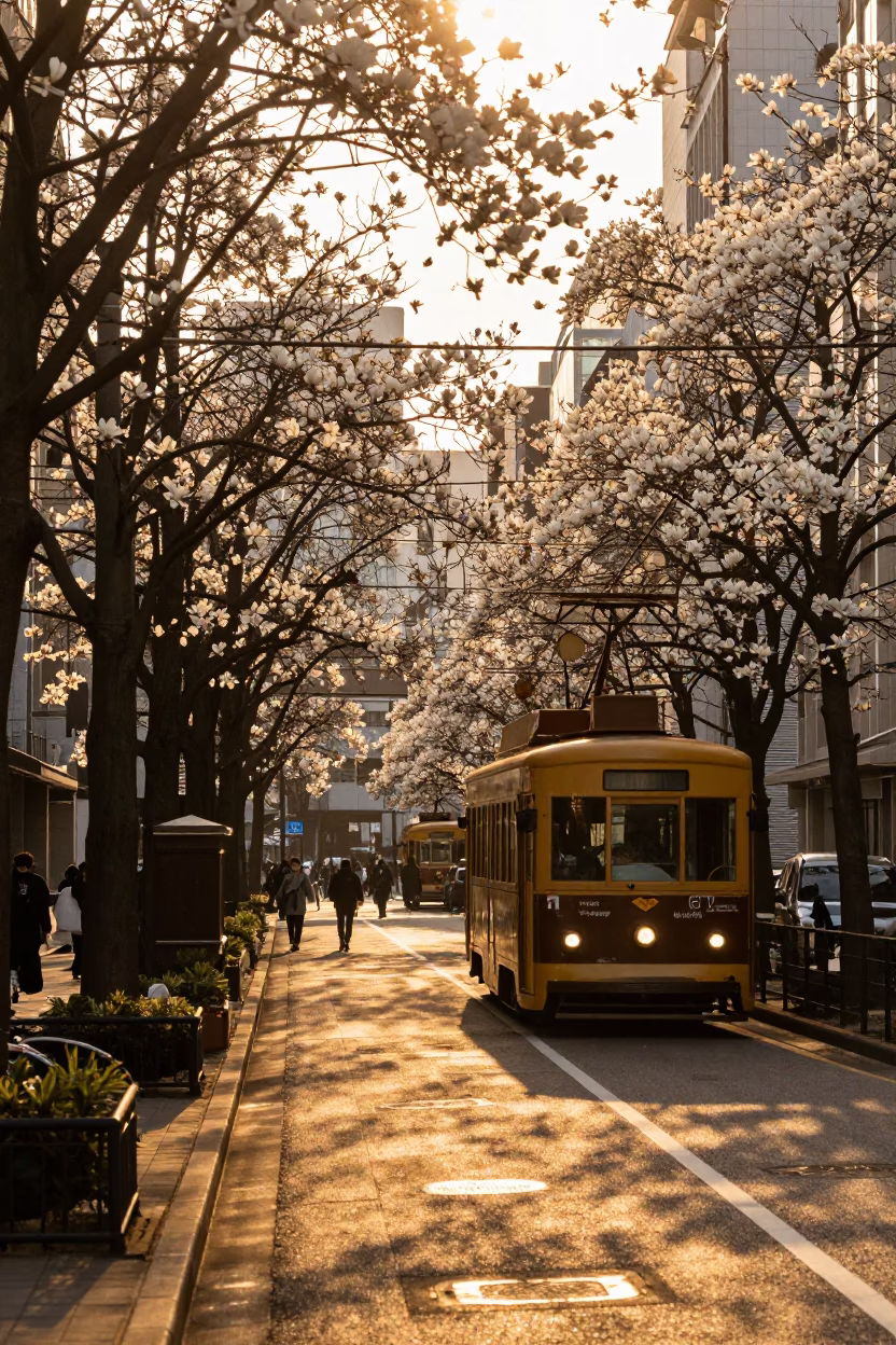 Osaka Japan Golden Hour Street Scene with Tramcar and Magnolia Trees in in Osaka, Japan