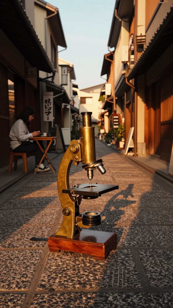Osaka Japan Golden Hour Street Scene with Vintage Brass Microscope on Wooden Table in in Osaka, Japan