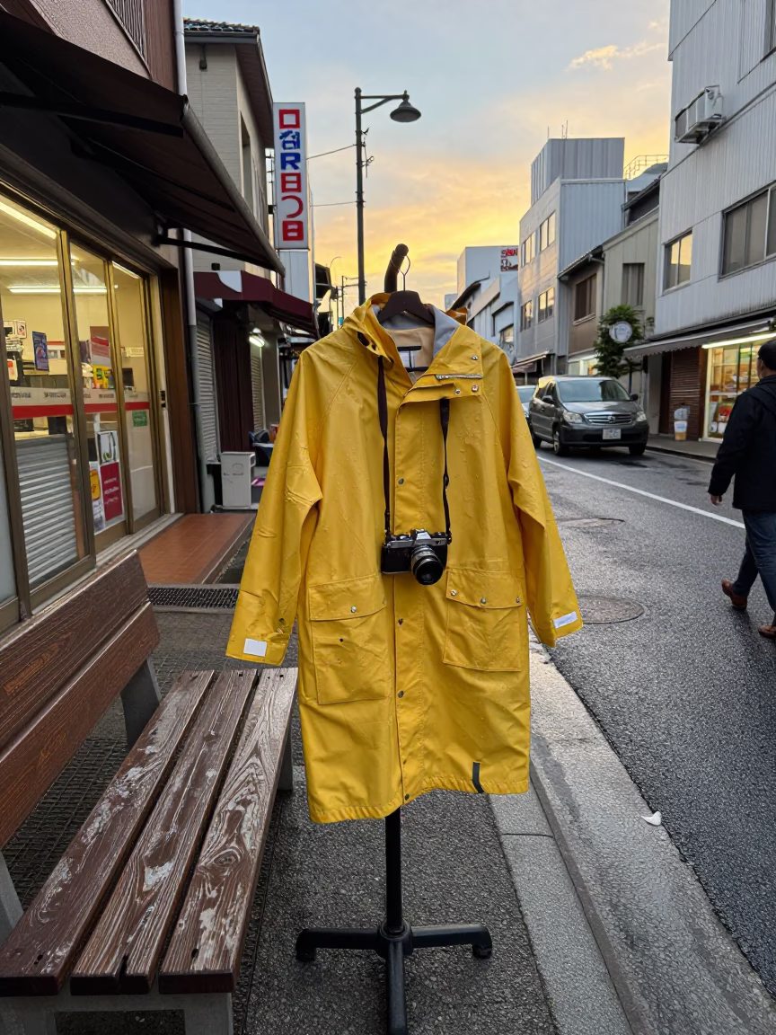Osaka Japan Golden Hour Street Scene with Vintage Camera and Raincoat Drying in in Osaka, Japan