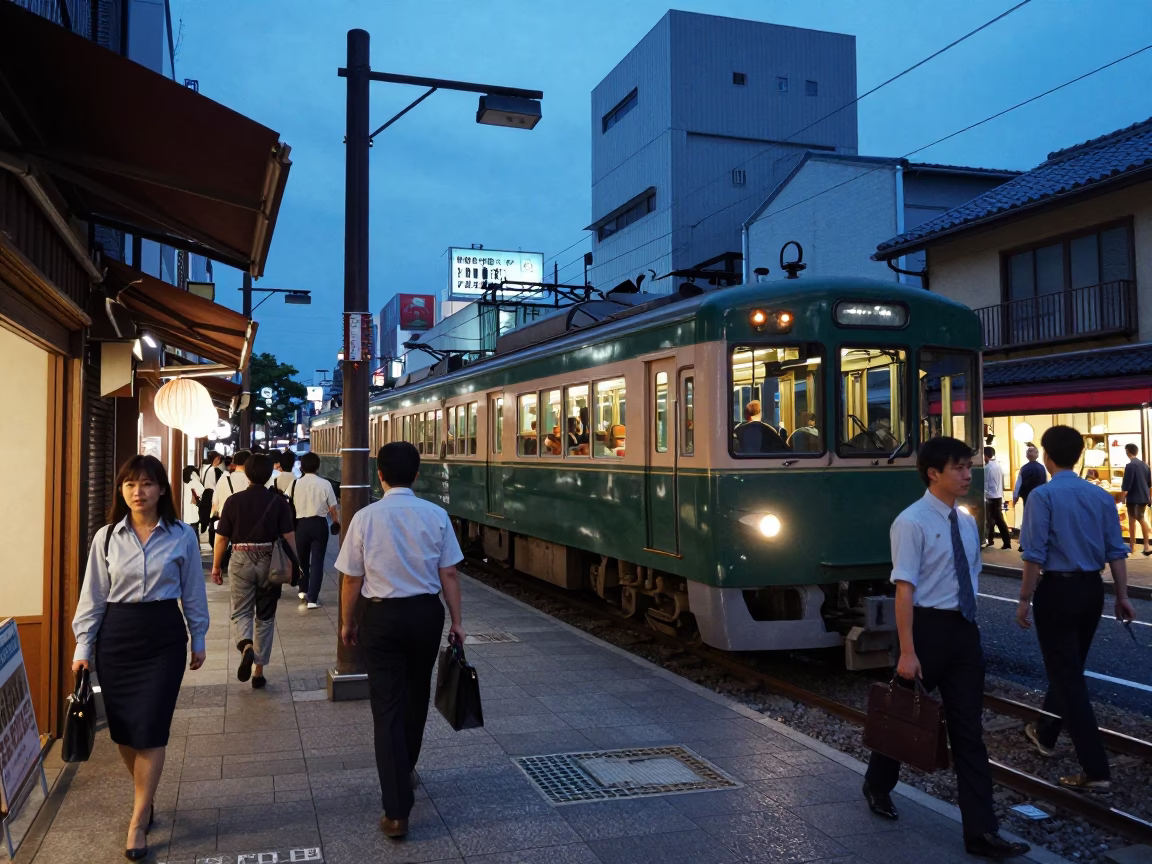 Osaka Japan Indigo Twilight Busy Street Scene with Narrow Gauge Train and Local Life in in Osaka, Japan