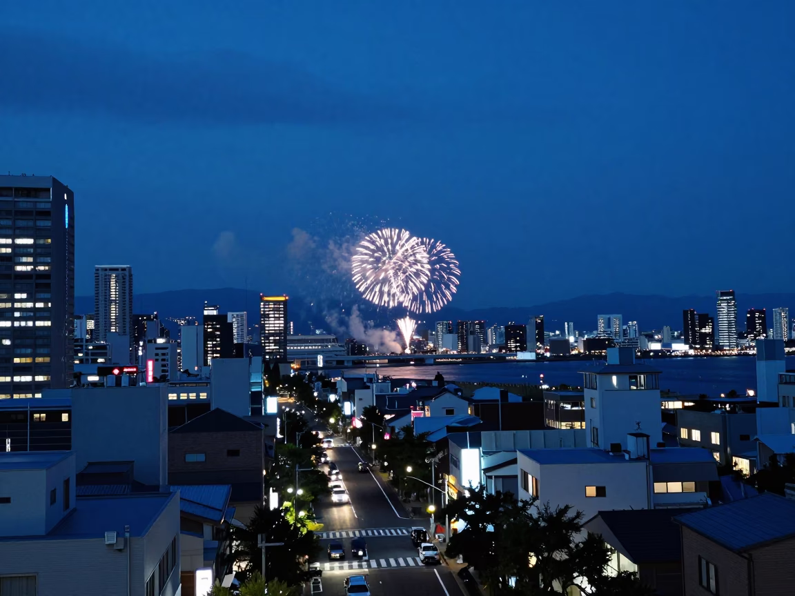 Osaka Japan Indigo Twilight Street Scene with Fireworks Over Harbor in in Osaka, Japan