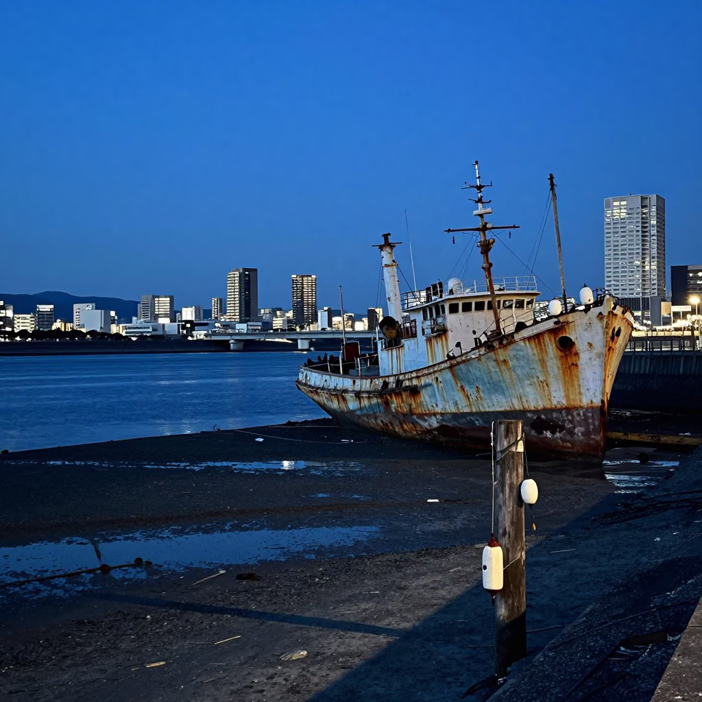 Osaka Japan Indigo Twilight Street Scene with Fishing Floats and Rusting Ship in in Osaka, Japan