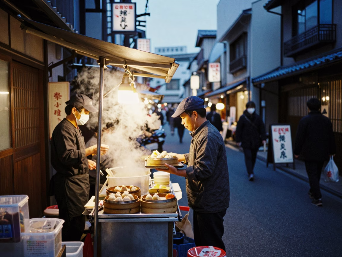 Osaka Japan indigo twilight street scene with food vendor and canal traffic in in Osaka, Japan