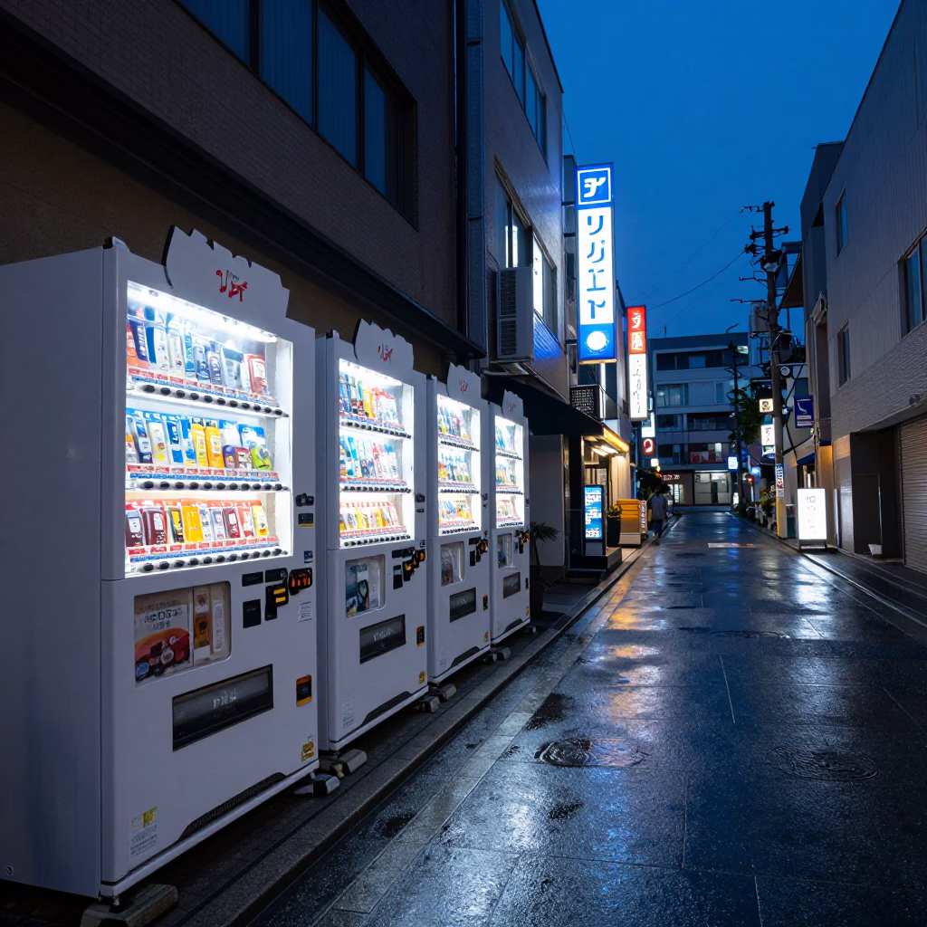 Osaka Japan indigo twilight street scene with vending machines and neon signs in in Osaka, Japan