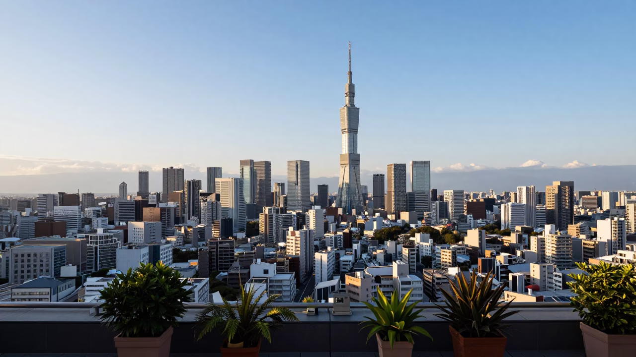 Osaka Japan Late Afternoon Skyline View with Potted Houseplants and Urban Horizon in in Osaka, Japan
